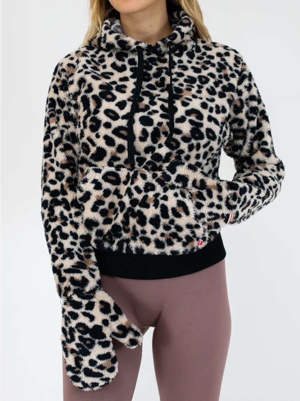 Faux Fur Leopard Print Pullover Hoodie - Black & Cream